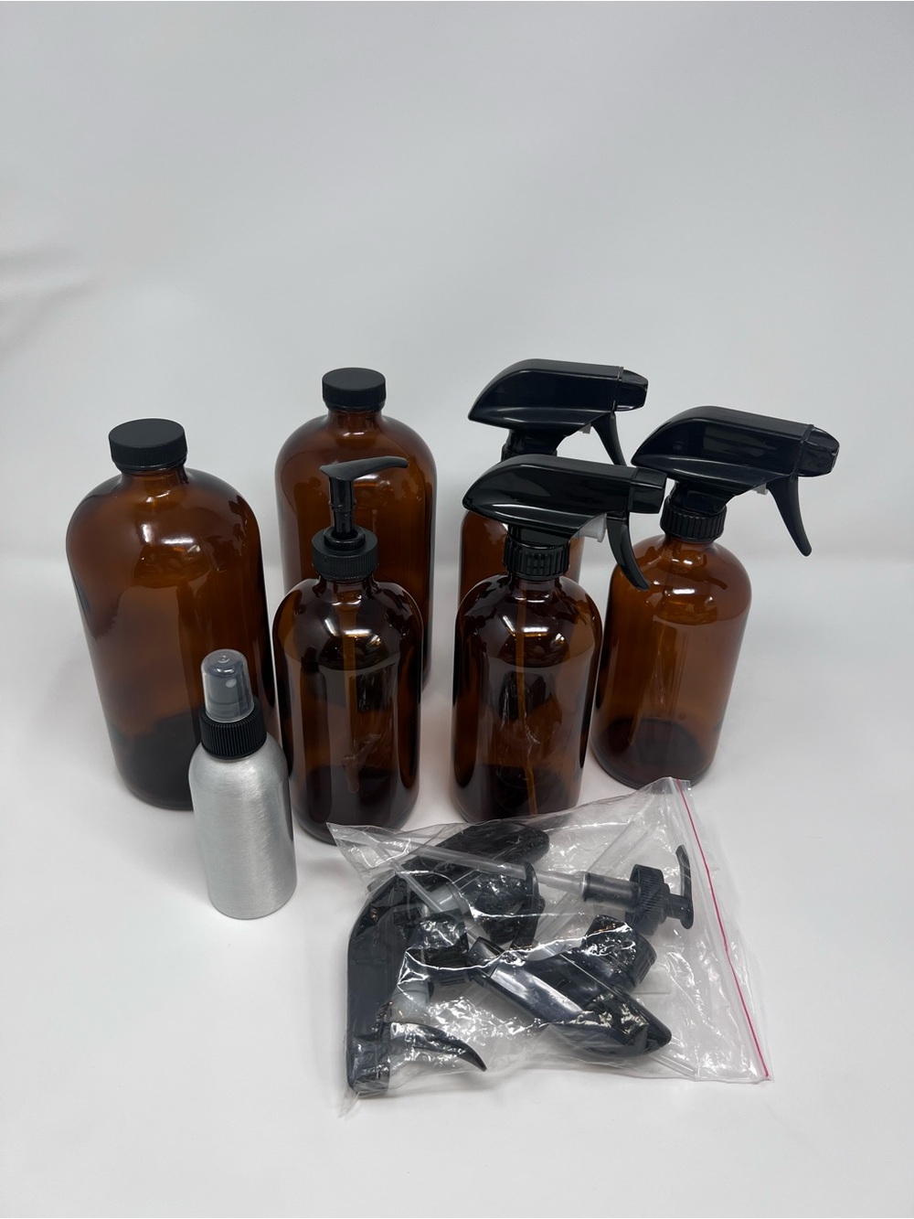 Assorted Amber Glass  Cleaning Bottle & Spray Bottle Set w/ Black Tops